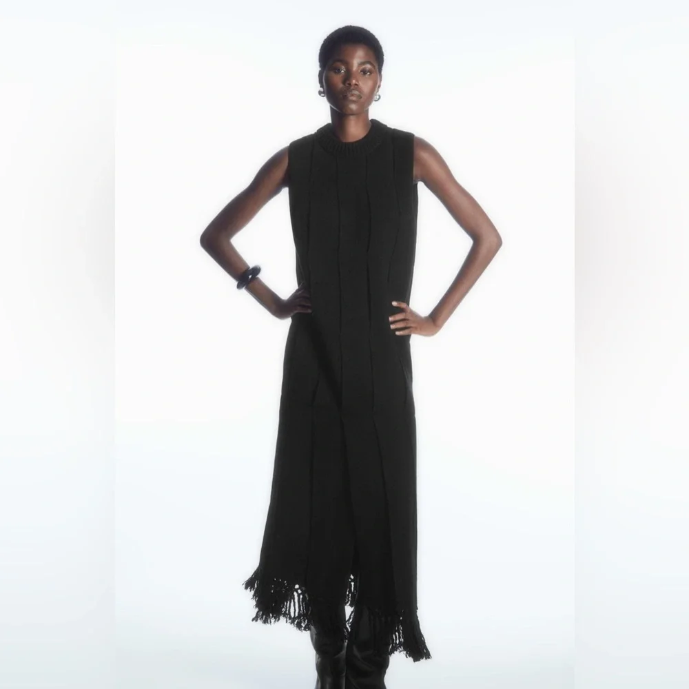 COS Fringed Panelled Wool Midi Dress black tassel knit  designer minimal sweater - Picture 8 of 15